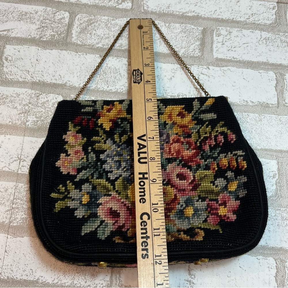 Vintage Tapestry Purse Handbag Black Floral Chain Handle Coin Purse - Picture 10 of 12